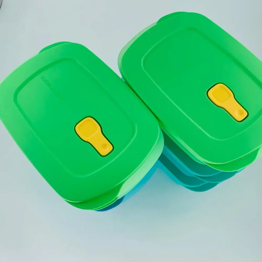 Tupperware Crystalwave Plus 12 Piece 6 Bowls Lids Green Blue Plastic Rectangle